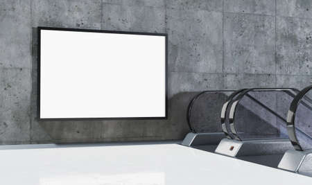 billboard mock-up next to escalators in a subway station with concrete wall and marble floor. 3d renderの写真素材