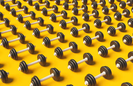 pattern of dumbbells on yellow background with soft shadow. 3d renderの写真素材