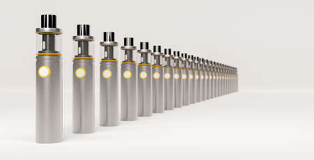 line of silver electronic cigars with golden details and white blurred background. 3d renderingの写真素材