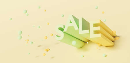 SALE sign with spheres suspended around it with a pastel background. 3d renderingの写真素材