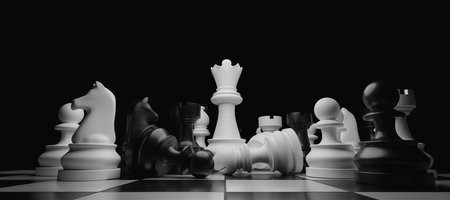 close-up of stacked chess pieces with the white queen standing out in the center. 3d renderingの写真素材