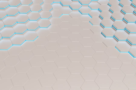 background of white metal hexagons with blue light line. 3d renderingの写真素材