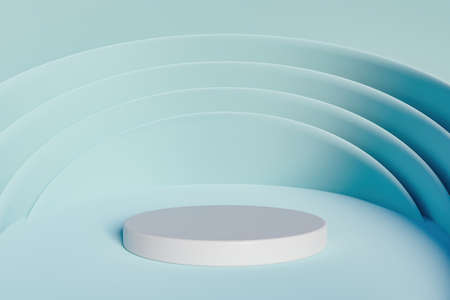 product stand with blue background and circular shapes surrounding a white cylinder. 3d renderingの写真素材
