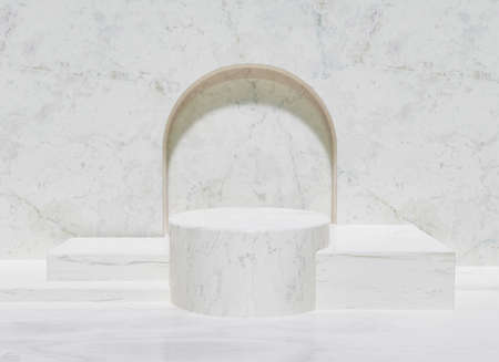marble product stand with central cylinder and square bases on the sides and arch at the back. 3d renderingの写真素材