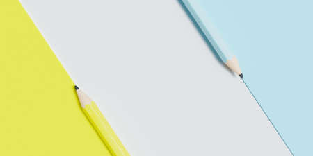 blue, yellow and white striped pencil background with copy space. 3d render