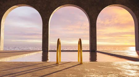 swimming pool with sea views and golden stairs with concrete arches and colorful sunset. 3d...
