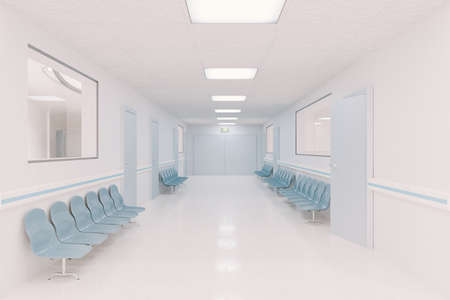 hospital corridor with waiting chairs on the sides and windows to the rooms. 3d renderingの写真素材