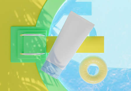 mockup of a sunscreen or cosmetics can on a trampoline with a pool and a float and pastel colors. 3d...