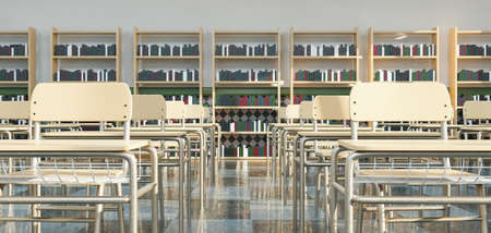 rows of school desks in classroom with shelves full of books in the background. 3d renderingの写真素材