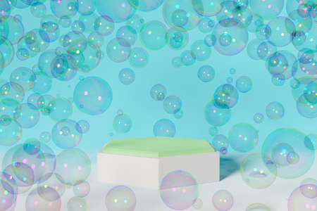 minimal hexagonal product podium with pastel colors and soap bubbles around it. 3d rendering