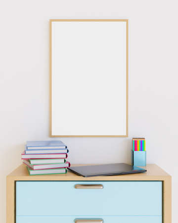 mockup of a wooden frame on a bedroom furniture with laptop, books and colored pencils on top. 3d...