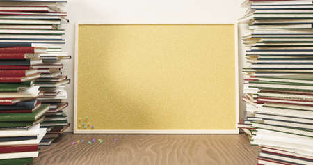 mockup of a cork frame with thumbtacks on a table and books around it. 3d rendering