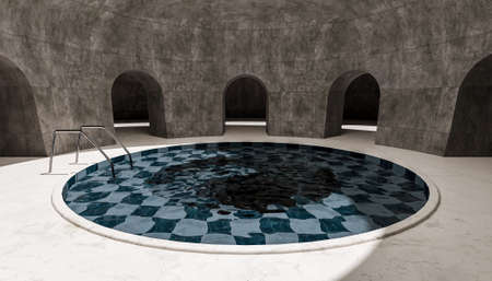 round indoor swimming pool in a sunlit arched room. 3d renderingの写真素材