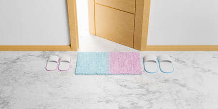 gradient pastel colored mat and slippers in front of an open door. 3d renderingの写真素材
