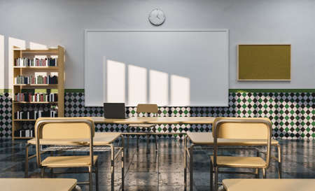 whiteboard in an education classroom as seen from the desks with light from the window illuminating. 3d renderingの写真素材