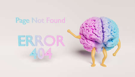 brain with arms and legs showing an ERROR 404 sign. gradient pastel color. for web design. 3d renderingの写真素材