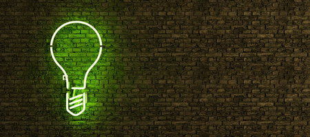 green neon lamp with light bulb symbol on brick wall with copy space. 3d renderingの写真素材