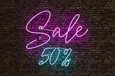 realistic neon lamp with the word SALE in pink and discount number in blue. 3d renderingの写真素材