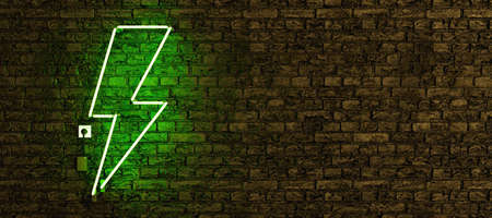 realistic neon lamp with green lightning symbol and copy space. 3d renderingの写真素材