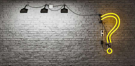 neon with yellow question mark on gray brick wall with spotlight area. copyspace. 3d renderingの写真素材