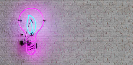 neon with bulb shape and leaf inside on white brick wall. copy space. 3d renderingの写真素材