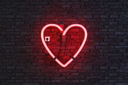 heart symbol on red neon lamp with dark brick wall. 3d renderingの写真素材