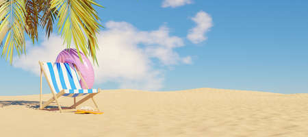 beach chair with float and flip flops on beach sand with palm tree shade. summer time. copy space. 3d renderの写真素材