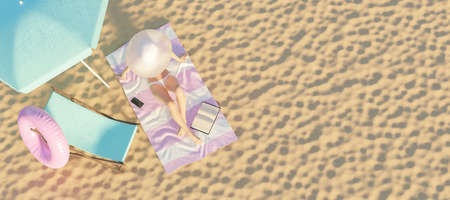 woman on a towel on the sand of the beach with hammock and parasol. top shot. summer time. copy space. 3d renderの写真素材