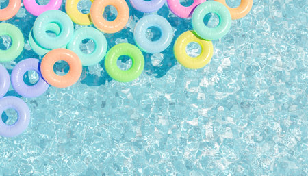 top view of swimming pool with lots of pastel colored floats in the corner. summer time. copy space 3d render [...]の写真素材
