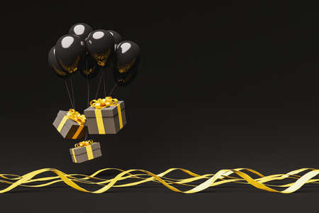 dark gift boxes with golden ribbons floating in the air with black balloons and wavy ribbons on the ground. copy space. 3d renderの写真素材