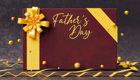 elegant velvet greeting card with the word FATHERS DAY in maroon with golden spheres and bows around. 3d renderの写真素材