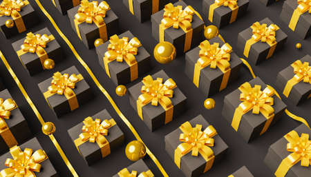 dark gift boxes pattern with bows and golden spheres around. 3d renderの写真素材