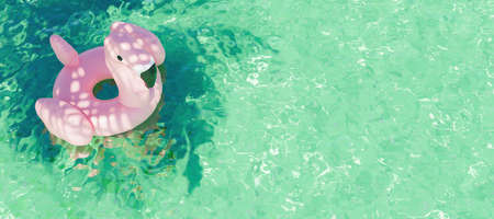 Pink flamingo swim float on tropical green background pool and palm tree shadow. summer concept. 3d renderの写真素材