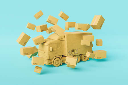 model of cardboard truck surrounded by delivery packages. concept of distribution.3d renderの写真素材