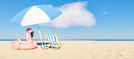 umbrella with flamingo float and chair on the sandy beach with the sea in the background. summer concept. 3d renderingの写真素材