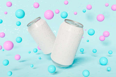 mockup of cans with pastel colored spheres floating around. space for design. 3d render