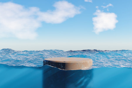 podium for product display on the sea surface and underwater view with caustics. 3d renderの写真素材