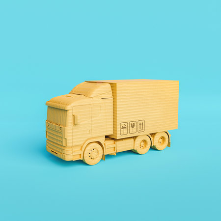 cardboard delivery truck with package on top. minimalistic scene. e-commerce concept. 3d renderの写真素材