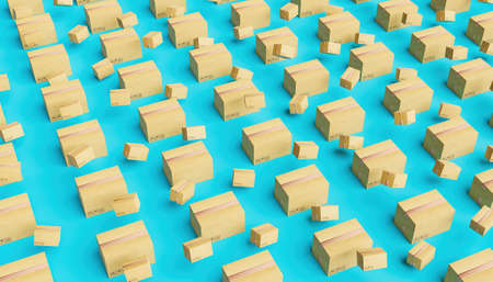 cardboard delivery box pattern on pastel blue background with small boxes floating. 3d render