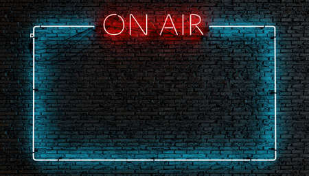 neon sign of ON AIR frame in red and text box illuminated on dark brick wall. 3d render