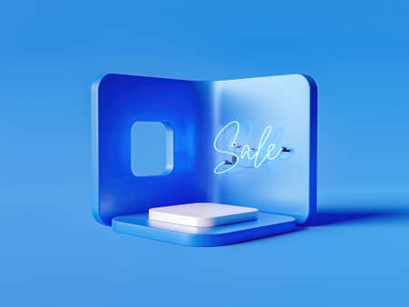 minimalist stand for product presentation and neon lamp with the word SALE. monochromatic blue .3d renderの写真素材