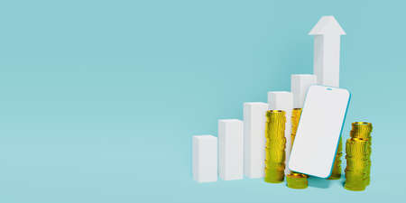 banner with rising bar graph with stacked coins and mobile phone mockup on top. 3d render