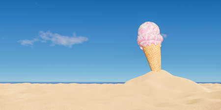 strawberry ice cream cone on beach sand with the sea in the background and space for text. summer time. 3d renderの写真素材
