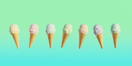 ice cream cones of different colors with minimalist gradient background. summer time. 3d render