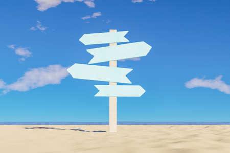 mockup of multidirectional sign on beach sand with the sea in the background. 3d renderの写真素材