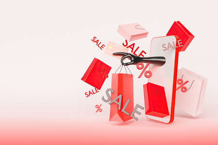 mobile phone with a hand coming out of it and holding a shopping bag with gradient background....