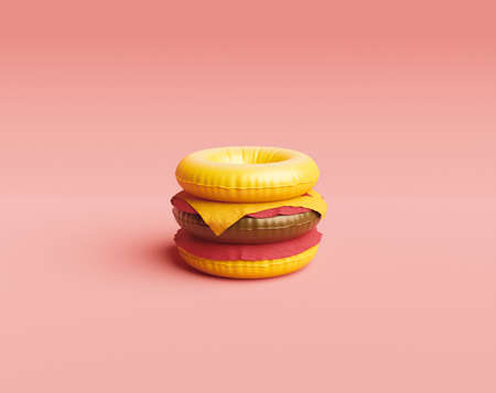 Minimalist illustration of a pool float burger with towels replacing the cheese and sauce. summer and food concept. 3d renderの写真素材