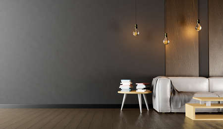 dark interior with empty living room wall with sofa and table with books on it illuminated by light...