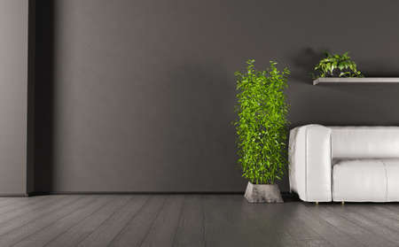 dark interior with empty living room wall with sofa and plants around. 3d renderの写真素材