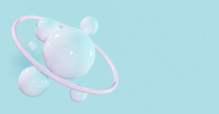 abstract background of spheres with blue and pink gradient pastel colors, pink ring around and blue background. space for text. 3d renderの写真素材